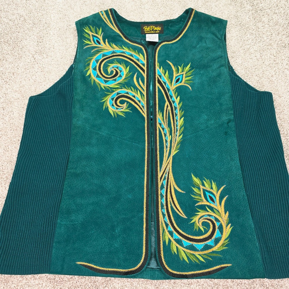 Bob Mackie Wearable Art Teal Green Leather Embroidered Peacock Vest 1X